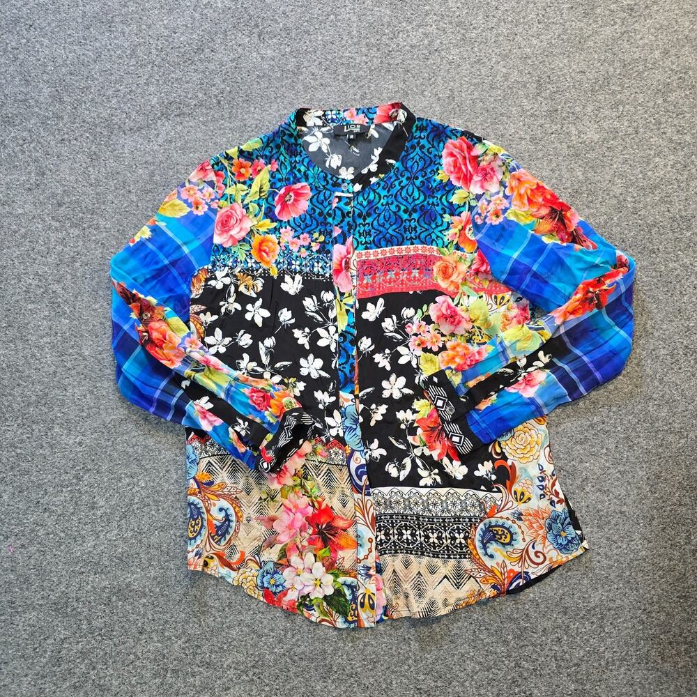 Lior Top Womens Size Medium Blue Floral Patchwork Satin Button Up Colorful Artsy